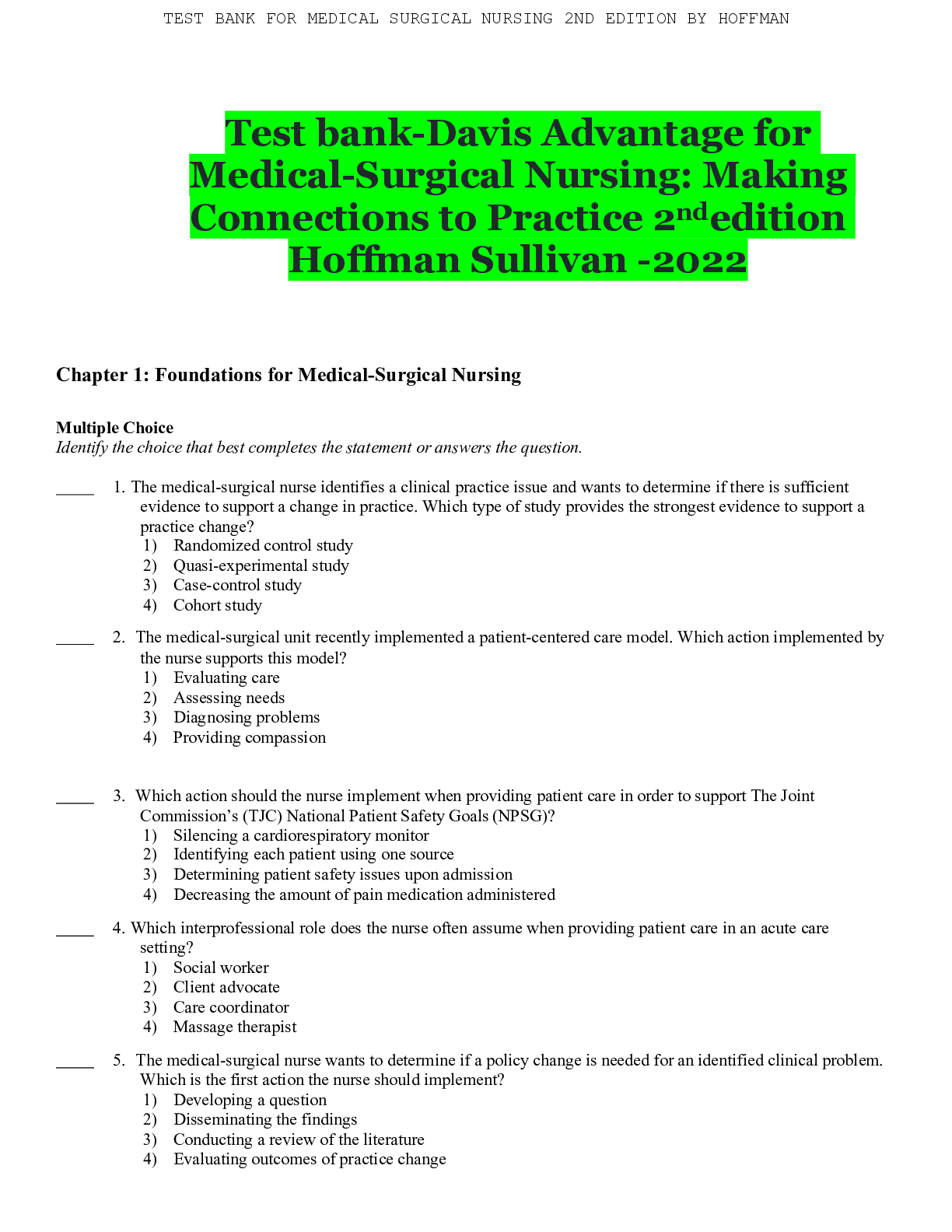 Preview image for Test bank-Davis Advantage for Medical-Surgical Nursing: Making Connections to Practice 2nd edition Hoffman Sullivan -2022